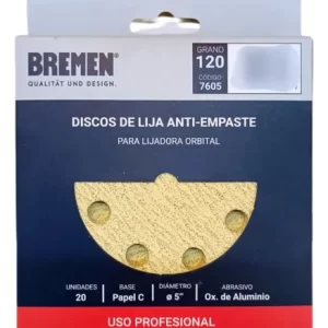 <div class="sku-tienda"><strong>COD:</strong> BRE7605</div>Disco de Lija Anti-Empaste [G120]x20u p/lijadora orb 5″