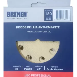 <div class="sku-tienda"><strong>COD:</strong> BRE7607</div>Disco de Lija Anti-Empaste [G180]x20u p/lijadora orb 5″